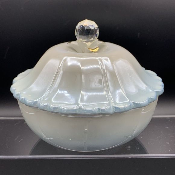 Vtg Italian Vanity Lidded Dish Blue White Pearlescent Retro Correct Glam Boudoir - Picture 7 of 14